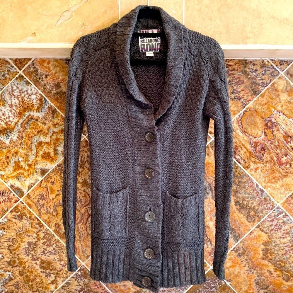 Billabong Charcoal Chunky Knit Front Button Cardigan Sweater Size Medium